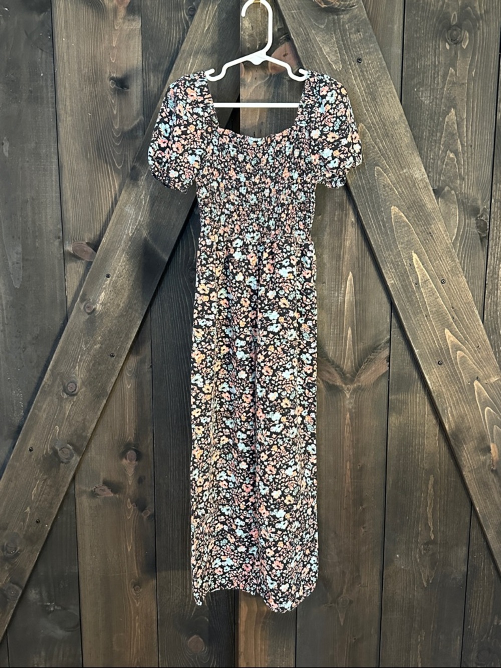 art class Black romper with Pink, Blue and Cream Blooms